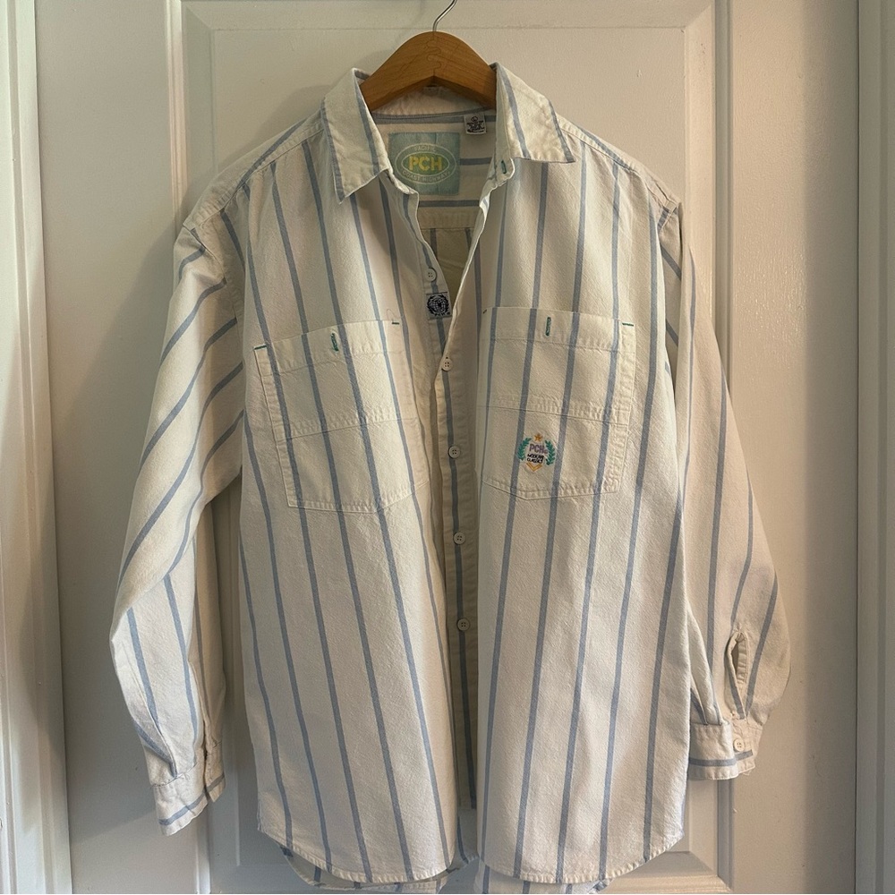 Men's White and Blue Striped Casual Button Down‎ Shirt
